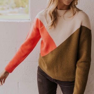 Roolee Pink and Olive color blocked pullover sweater